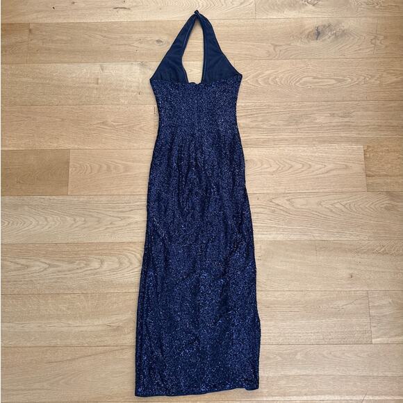 Lulu's Maxi Dress Halter Neck Sequins Size M Navy Blue - Picture 4 of 5